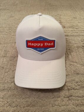 Happy Dad White Trucker Hat with Red & Blue Patch